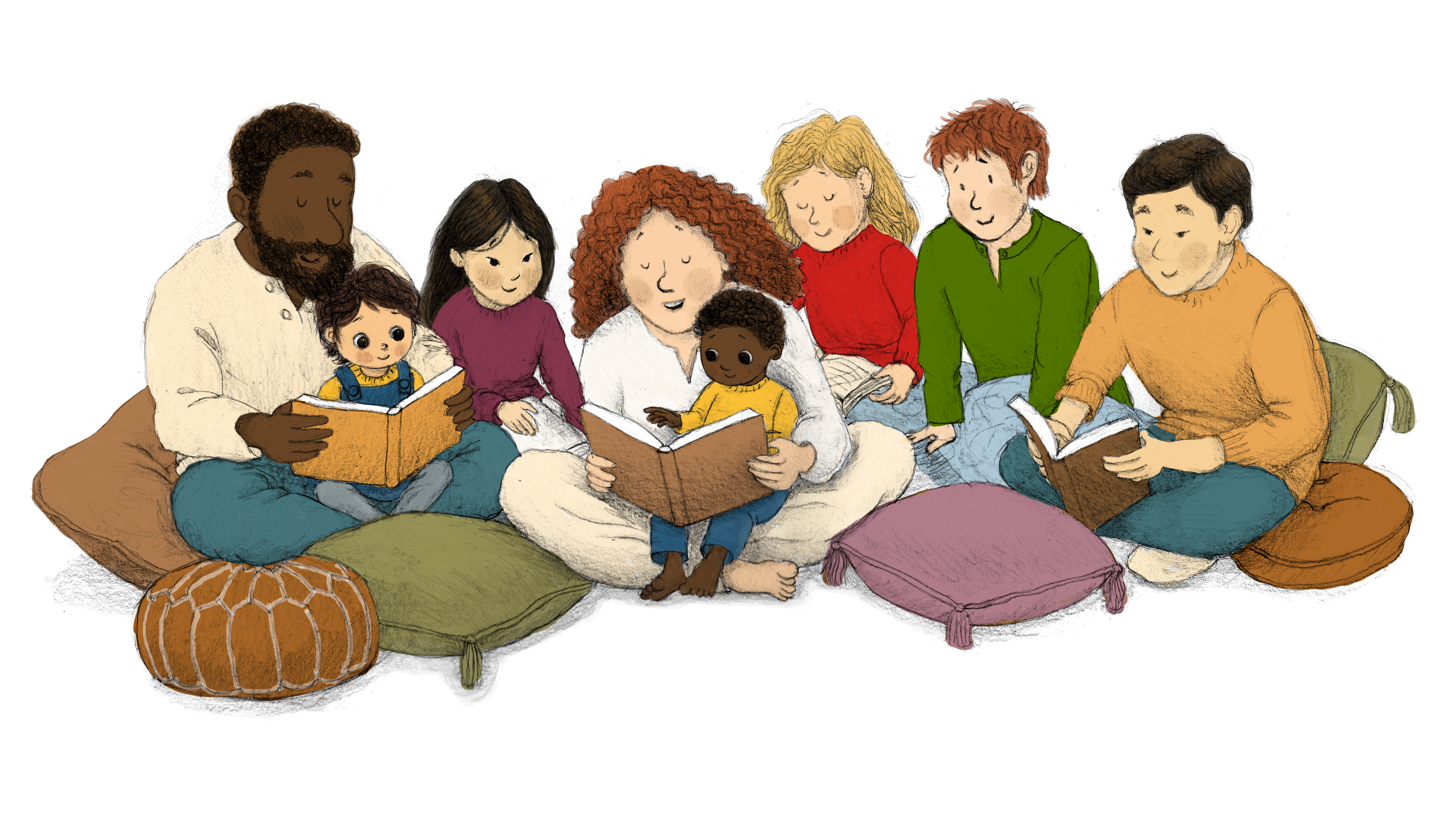 The Covenant Child family gathered together reading books